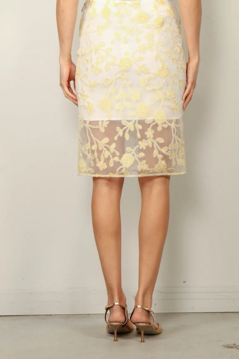 Rotate Rok - Flower Beads Pencil Skirt - Egret