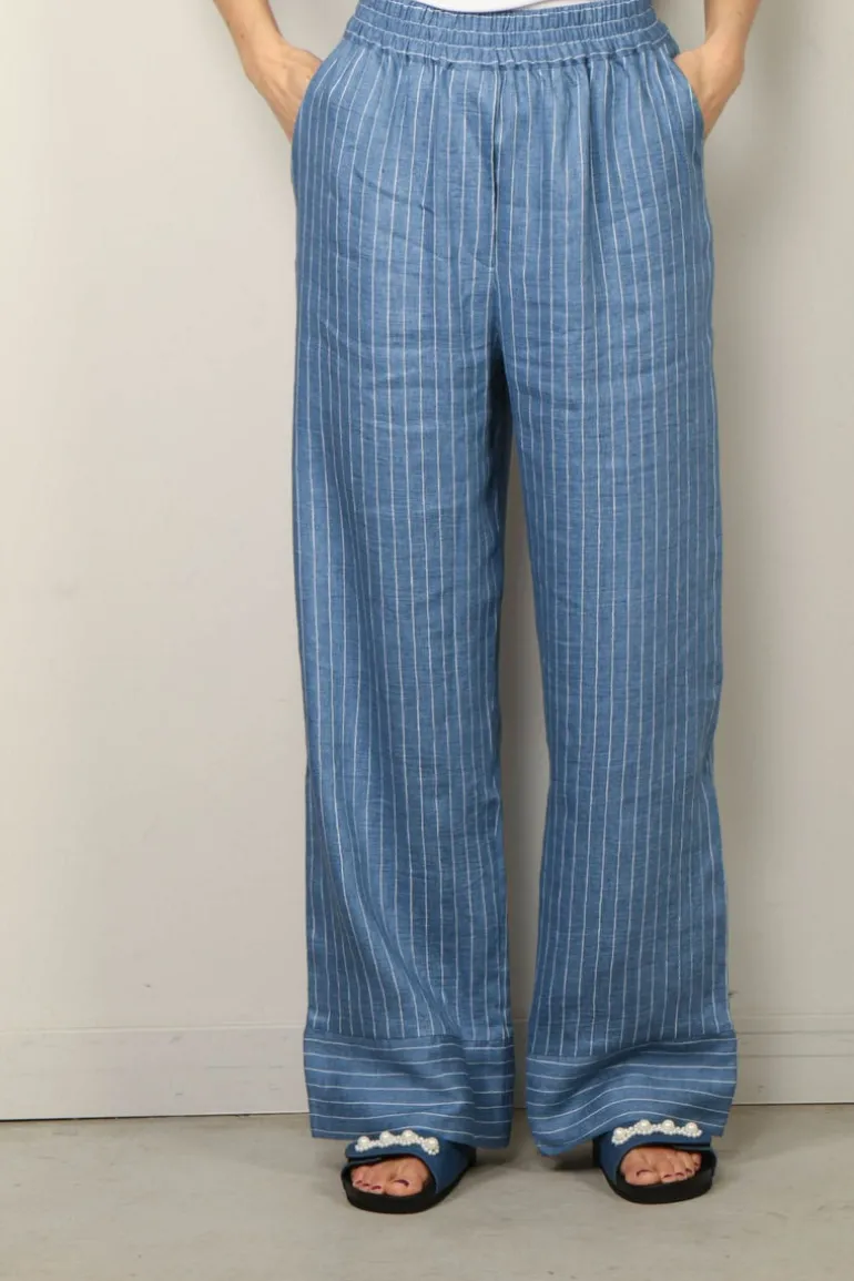 Sea Me Happy Broek - Nori Pants Shiny Linen - Light Blue Stripes