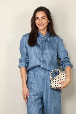 Sea Me Happy Blouse - Shibuya Blouse Shiny Linen - Light Blue Stripes