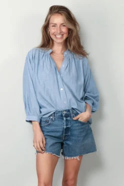 Sea Me Happy Blouse - Balloon Blouse Denim Structure - Jeans Blue
