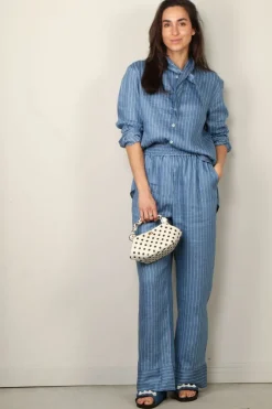 Sea Me Happy Broek - Nori Pants Shiny Linen - Light Blue Stripes
