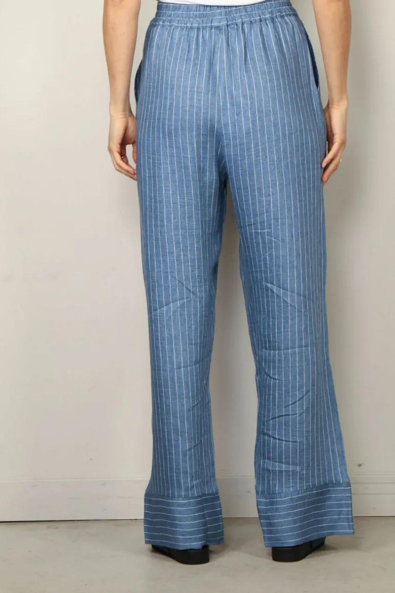 Sea Me Happy Broek - Nori Pants Shiny Linen - Light Blue Stripes