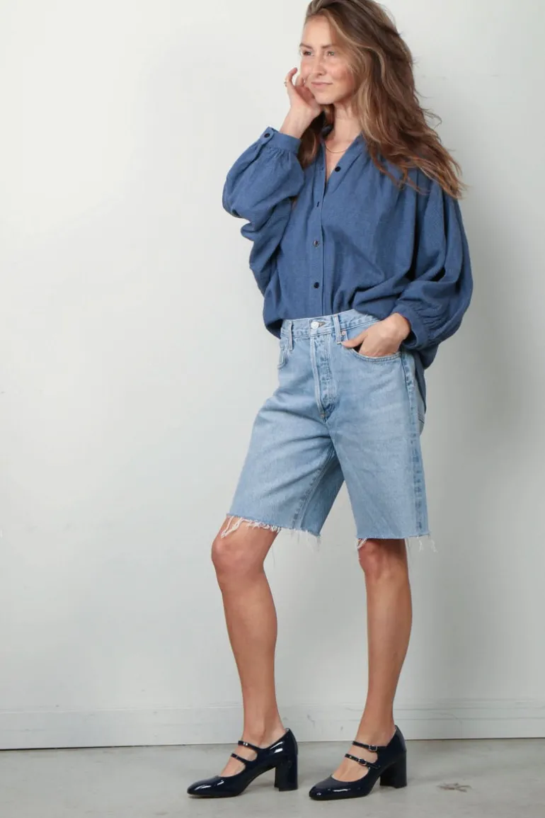 Sea Me Happy Blouse - Balloon Blouse Denim Structure - Indigo