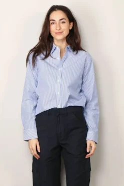Tibi Blouse - Striped shirting charlie men's slim shirt -  Blue stripe multi
