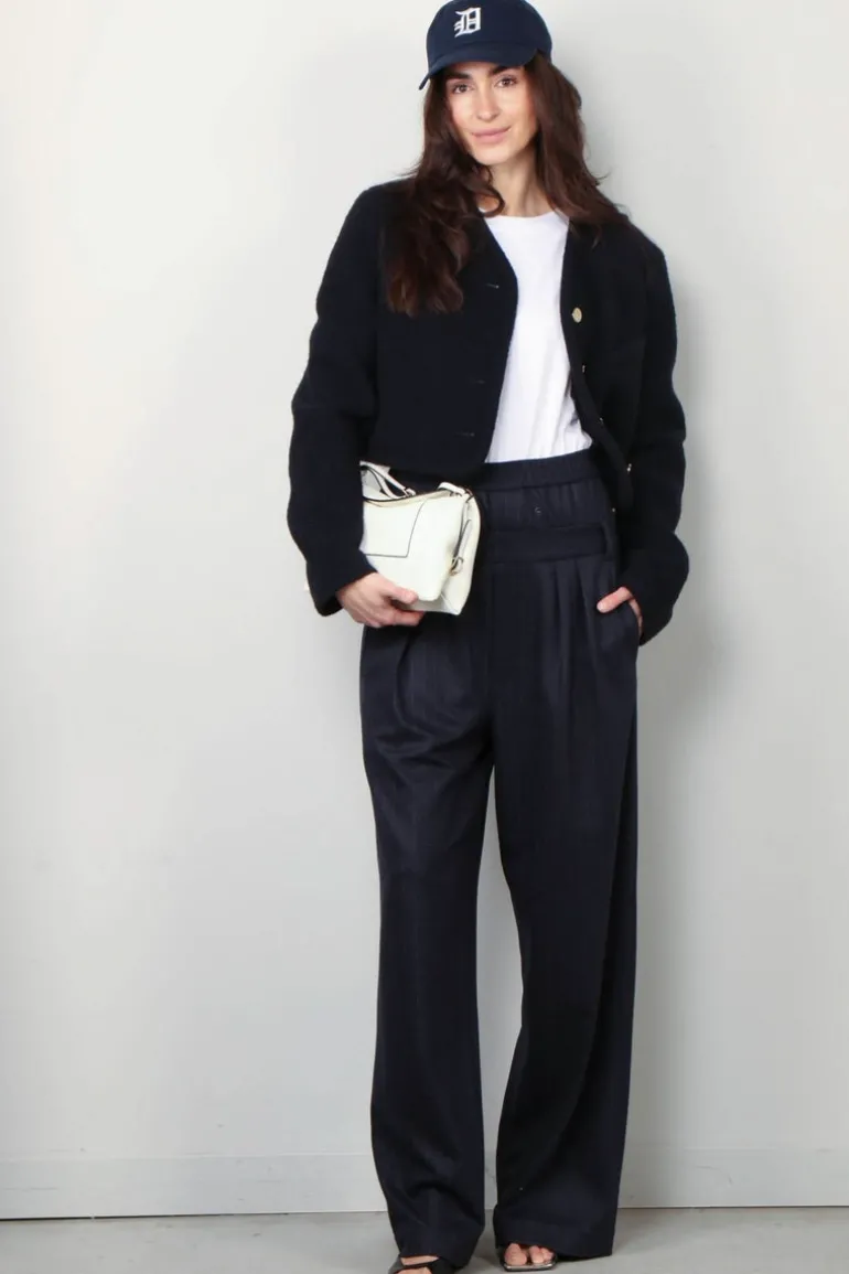Tibi Broek - Newton Stripe Double Waist Boxer Trouser - Navy melange