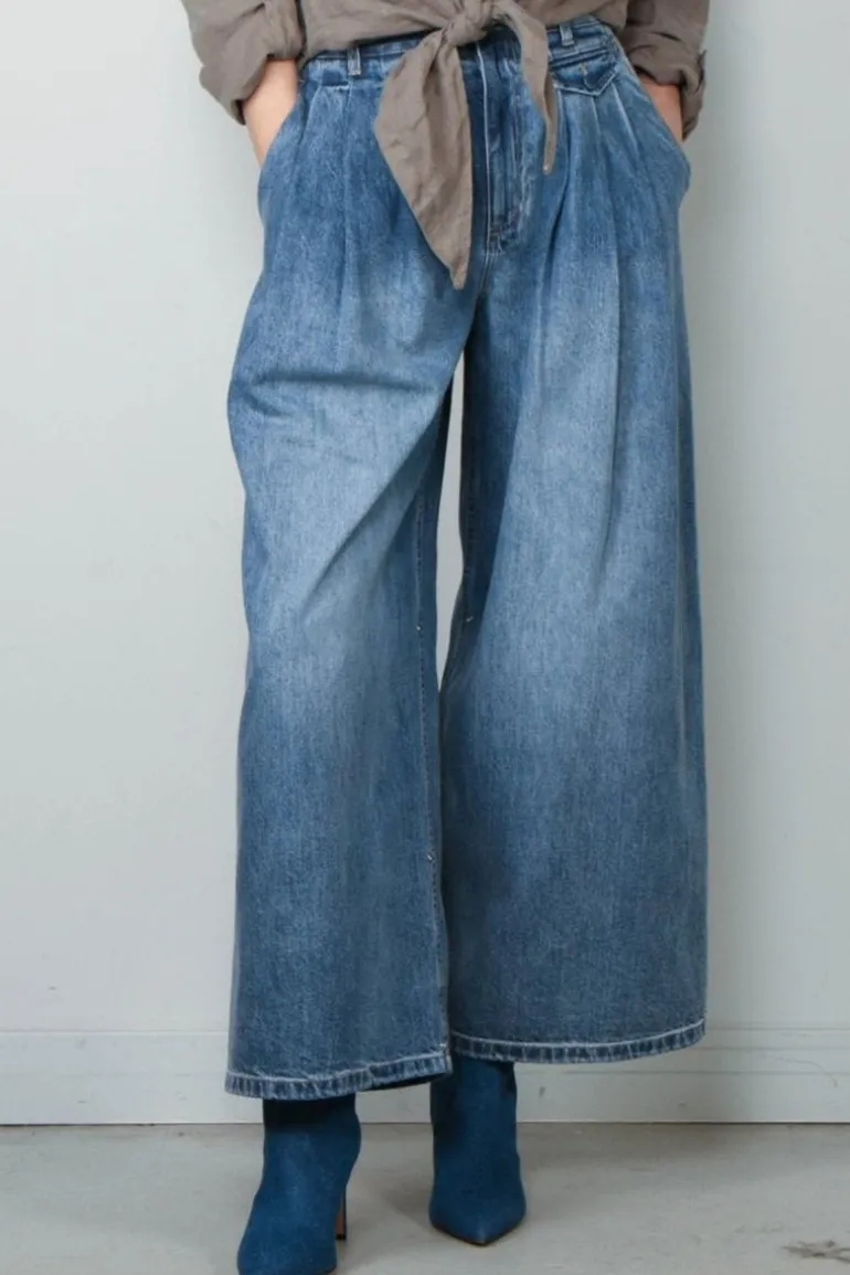 Tibi Broek - Spring Denim Triple Pleat Pant - Classic Blue