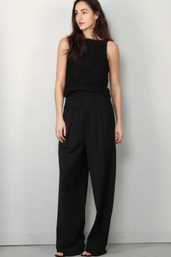 Tibi Broek - Recycled tropical wool double waist boxer trouser -  Black