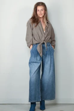 Tibi Broek - Spring Denim Triple Pleat Pant - Classic Blue