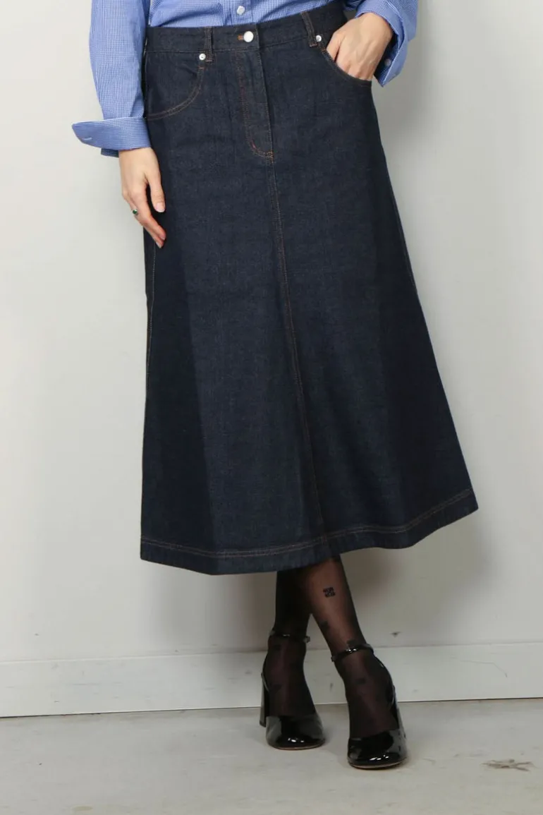 Tibi Rok - Indigo Denim Midi Aline Skirt - Dark denim