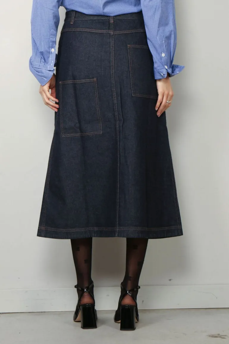 Tibi Rok - Indigo Denim Midi Aline Skirt - Dark denim