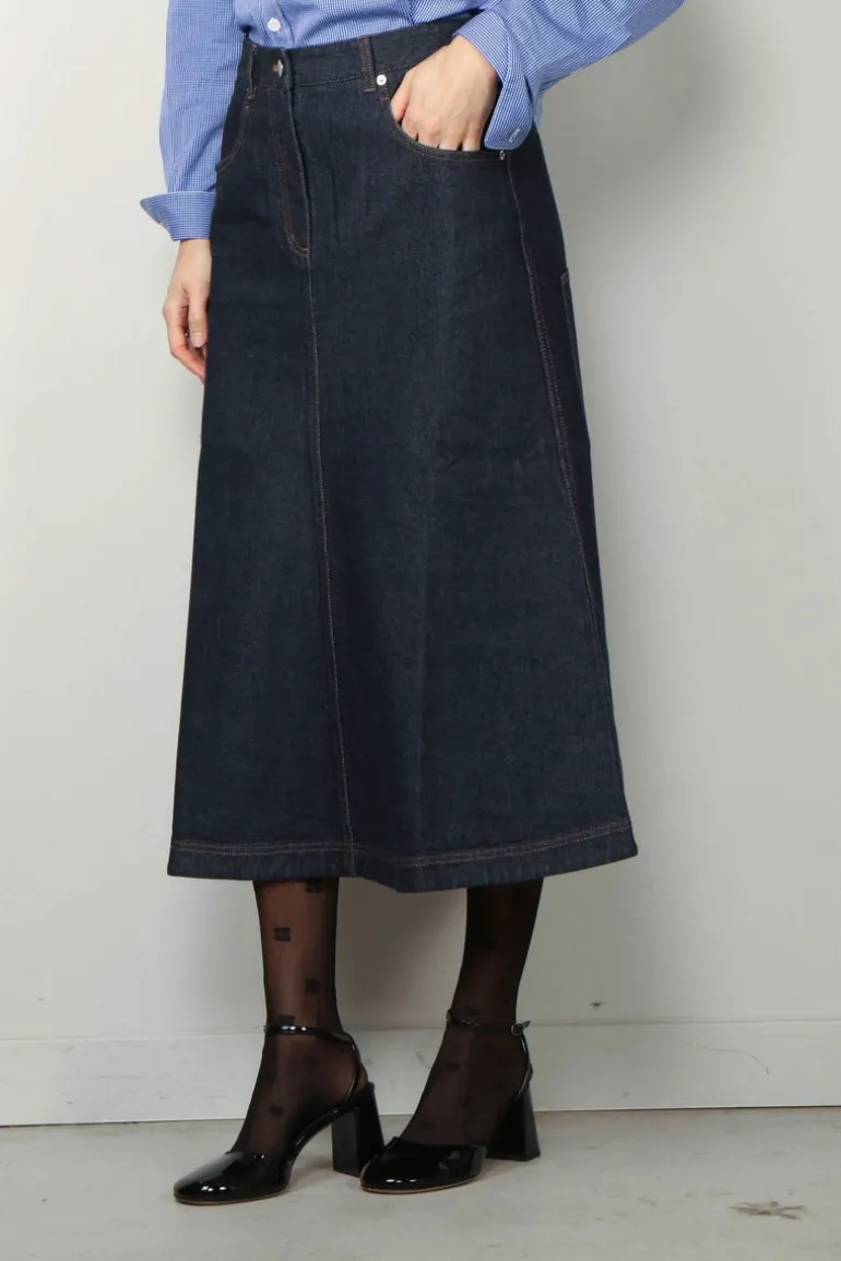Tibi Rok - Indigo Denim Midi Aline Skirt - Dark denim