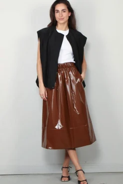 Tibi Rok - Light Weight Stretch Patent Smocking Waistband Ful - Brick