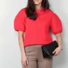 Tibi Top - Luxe Pique Polo Shirt - Red