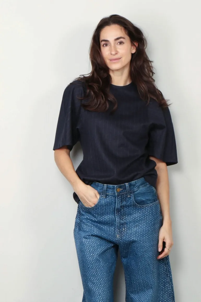 Tibi Top - Newton Stripe Sculpted Shrunken T-shirt - Navy melange