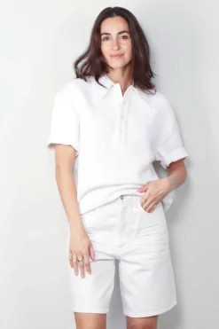 Tibi Top - Quilted Waffle Polo Tunic Top - White