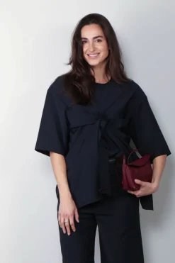 Tibi Top - Tropical Wool Tie Front T-Shirt - Navy