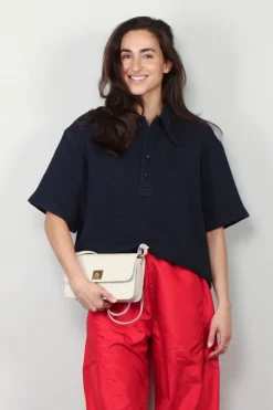Tibi Top - Quilted Waffle Polo Tunic Top - Dark Navy