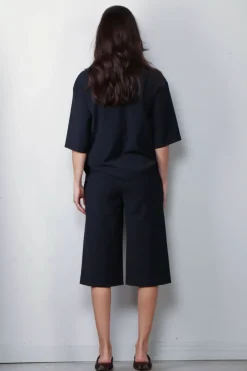 Tibi Top - Tropical Wool Tie Front T-Shirt - Navy
