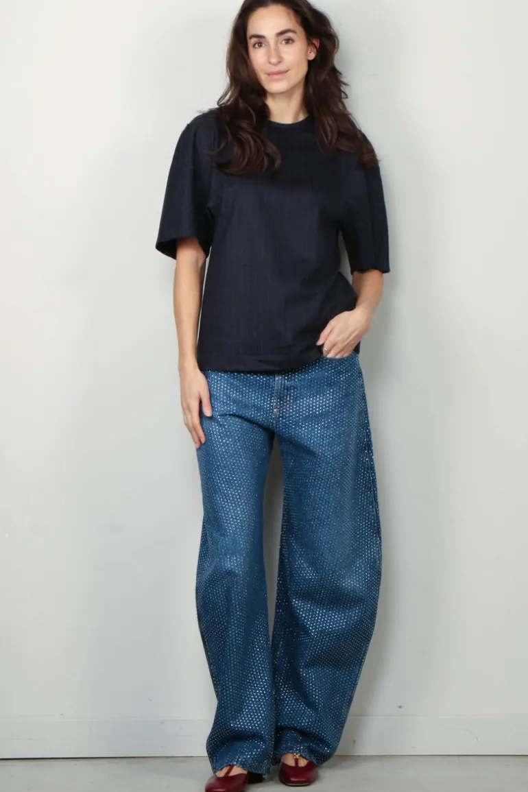 Tibi Top - Newton Stripe Sculpted Shrunken T-shirt - Navy melange