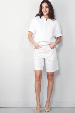 Tibi Top - Quilted Waffle Polo Tunic Top - White