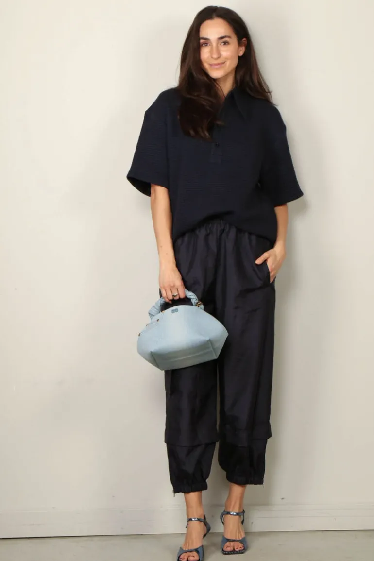 Tibi Top - Quilted Waffle Polo Tunic Top - Dark Navy